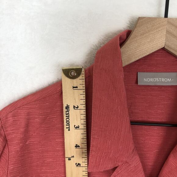 VTG NORDSTROM Linen Silk Top Sz L Coral 3/4 Sleeve Button Up Textured Notch‎ - Picture 7 of 11